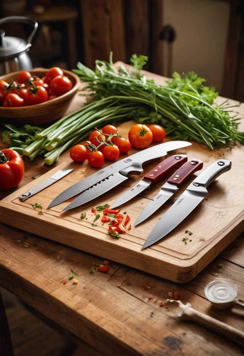An elegant kitchen scene showcasing a Victorinox knife set displayed prominently on a rustic wooden countertop. Fresh vegetables and herbs surround the knives, highlighting their precision and craftsmanship. A soft focus on a delicious meal being prepared in the background adds to the culinary atmosphere. Warm lighting enhances the inviting ambiance, encouraging viewers to explore their passion for cooking. super-realistic. vibrant colors. rustic style.