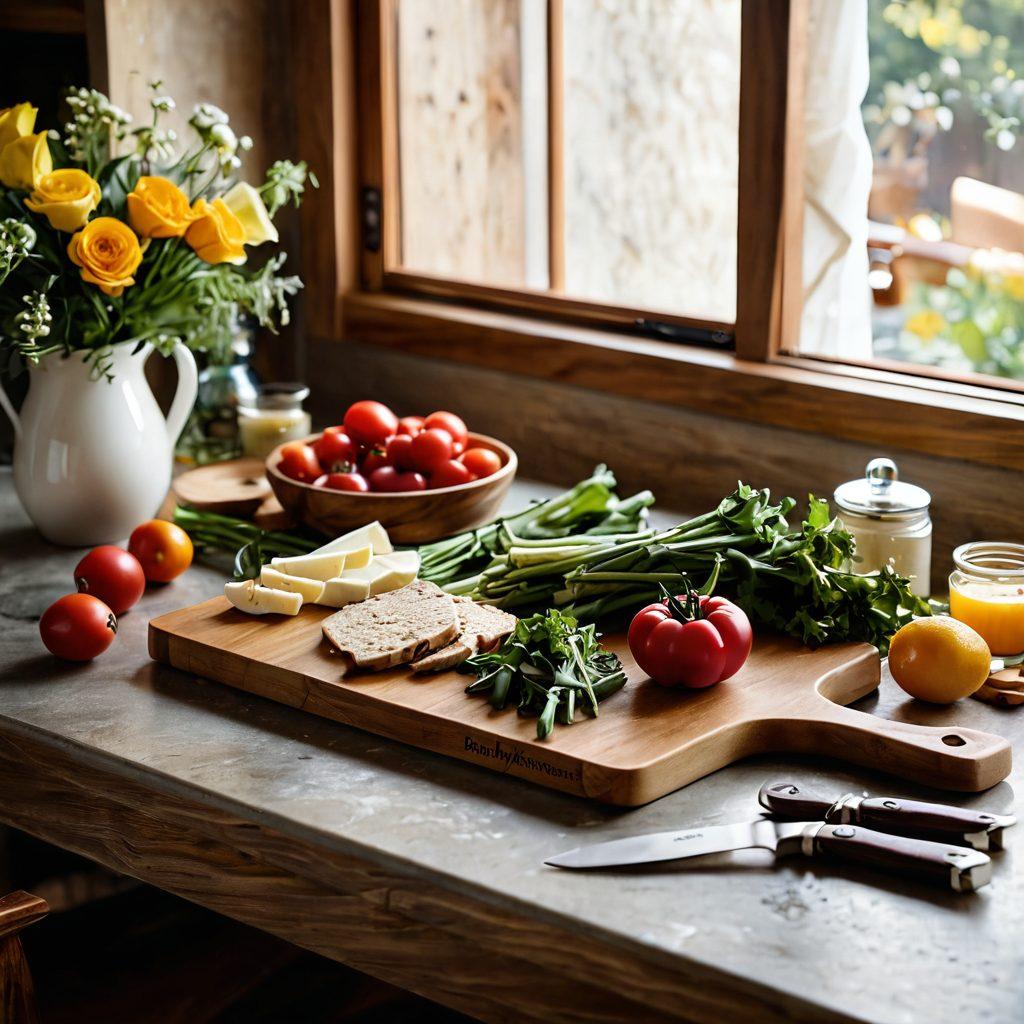 An inviting kitchen scene showcasing a beautifully arranged wooden cutting board with an array of fresh ingredients, highlighted by an elegant set of Victorinox knives glinting in the soft morning light. A cookbook opened to a romantic recipe lies nearby, surrounded by delicate floral decor. Emphasize warm, intimate tones and rich textures to evoke a sense of culinary passion. super-realistic. warm colors. soft lighting.