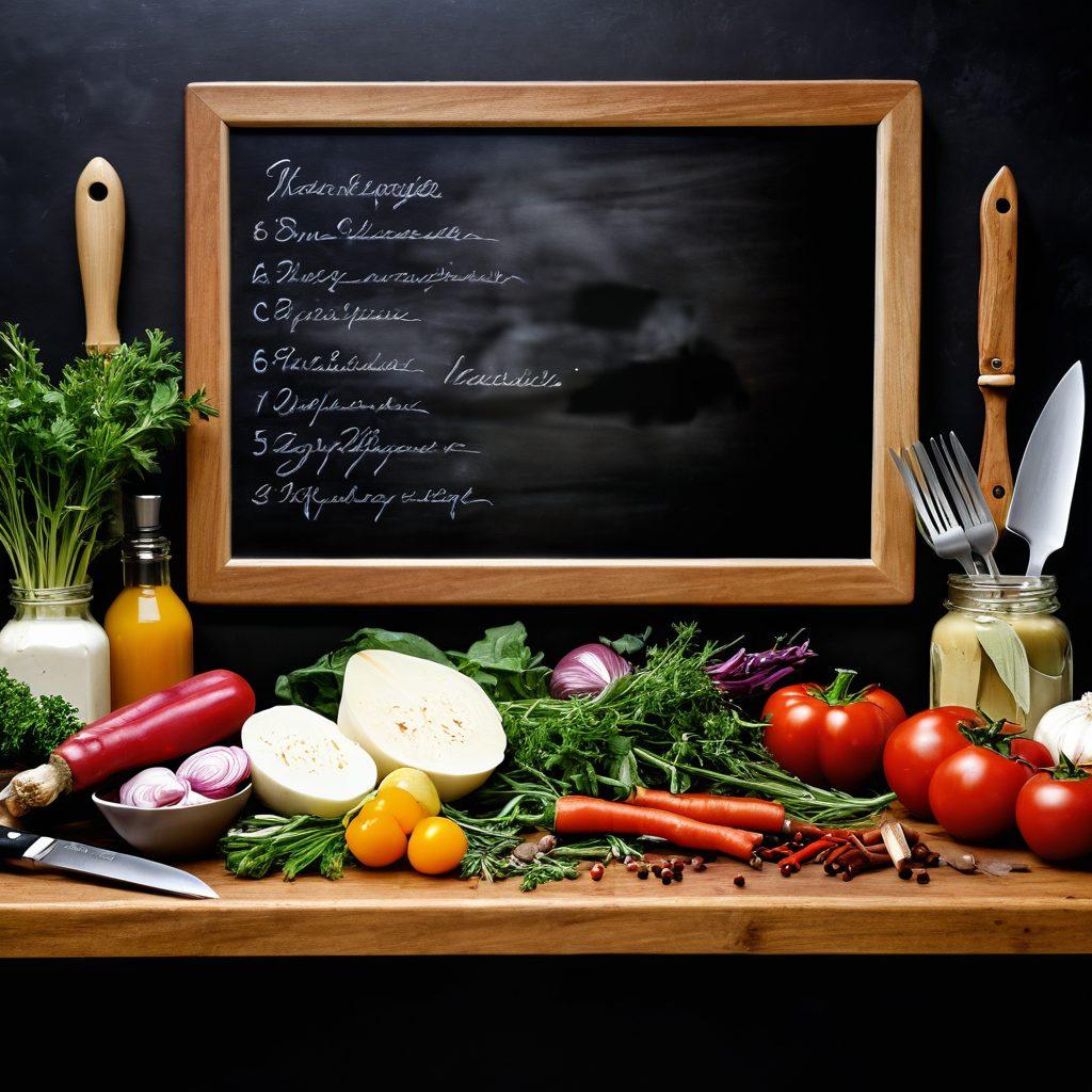 A beautiful kitchen scene showcasing fresh ingredients like herbs, vegetables, and spices, with a Victorinox knife elegantly cutting through them. A warm, inviting atmosphere with soft lighting and a wooden cutting board, emphasizing the joy of cooking. Include hand-written recipes on a chalkboard in the background. super-realistic. vibrant colors. warm tones.